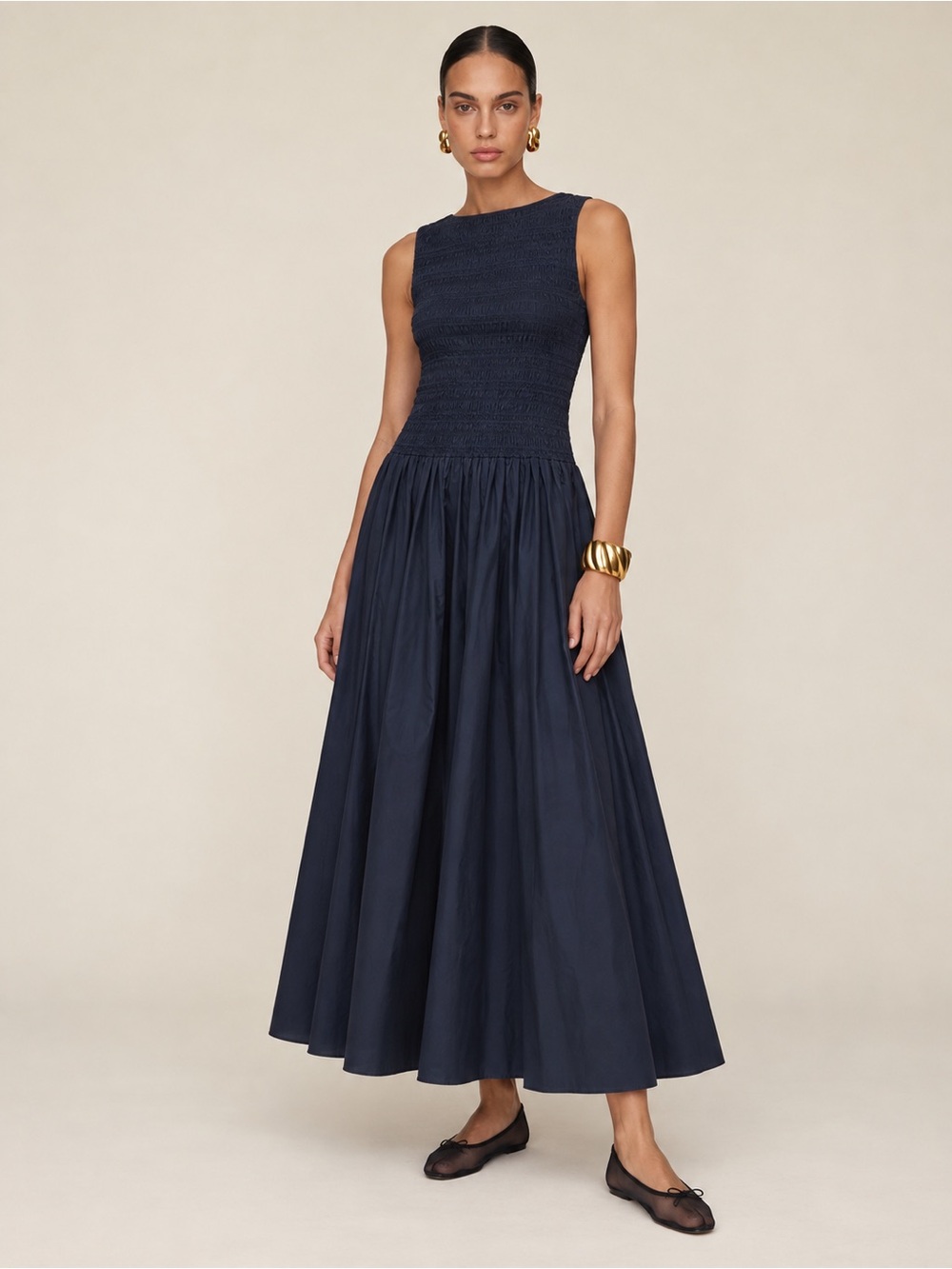 NWT J.Crew Lina Smocked Midi Dress Navy Cotton A-Line Sleeveless Sz S